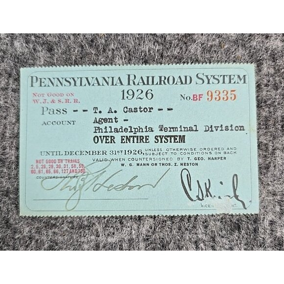 1926 Pennsylvania Railroad System Pass #BF9335 Paper Signed - Picture 1 of 7